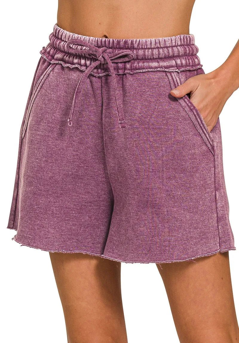 Zenana - Raw Hem Drawstring Shorts – Washed Berry Plum