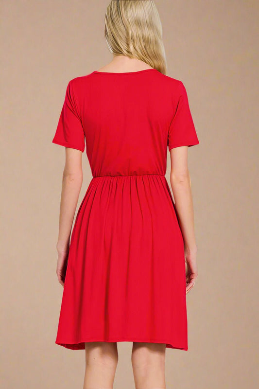 Zenana - Red Short Sleeve Mini Faux Wrap Dress