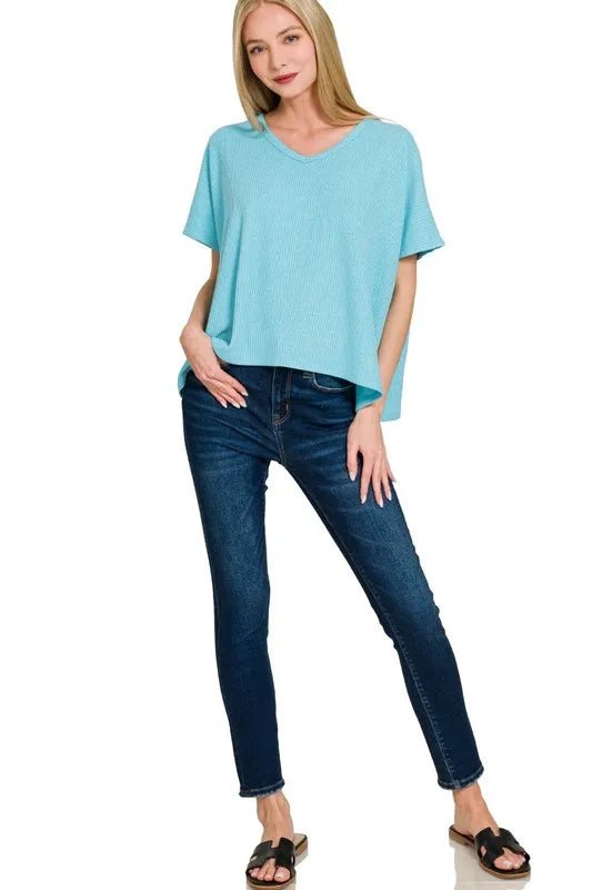 Zenana - Rib Knit V - Neck Relaxed Fit Top – Soft Sky Blue