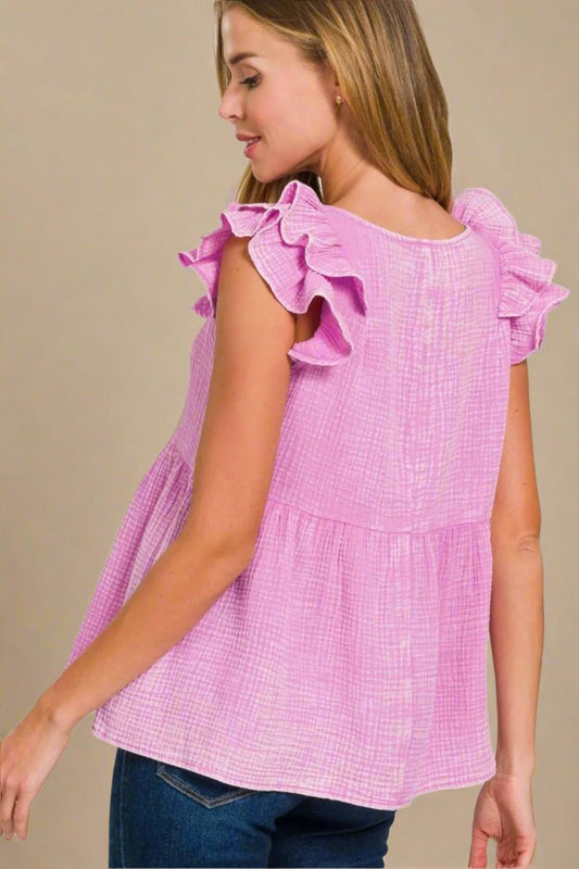 Zenana - Ruffle Sleeve Textured Top in Pink