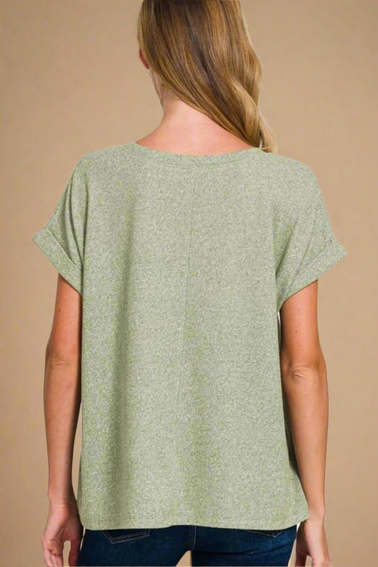 Zenana - Sage Green V - Neck Rolled Sleeve Top