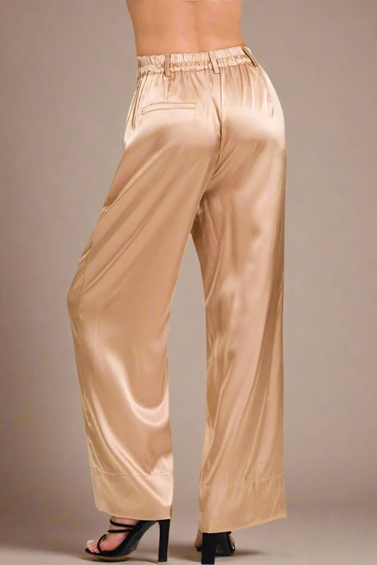 Zenana - Satin Wide Leg Trousers in Champagne Beige