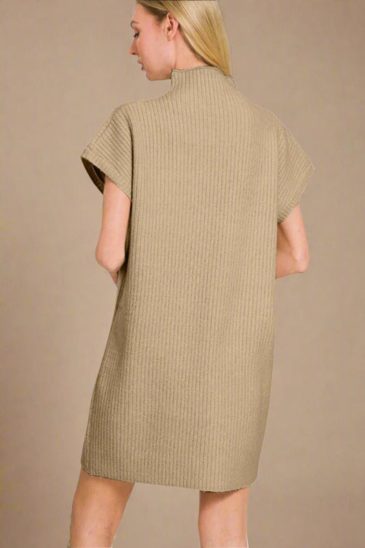 Zenana - Short Sleeve Mini Sweater Dress in Camel