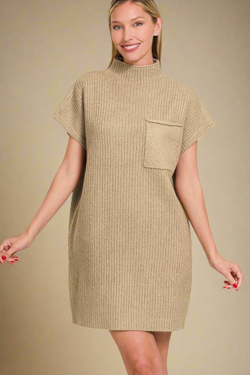 Zenana - Short Sleeve Mini Sweater Dress in Camel