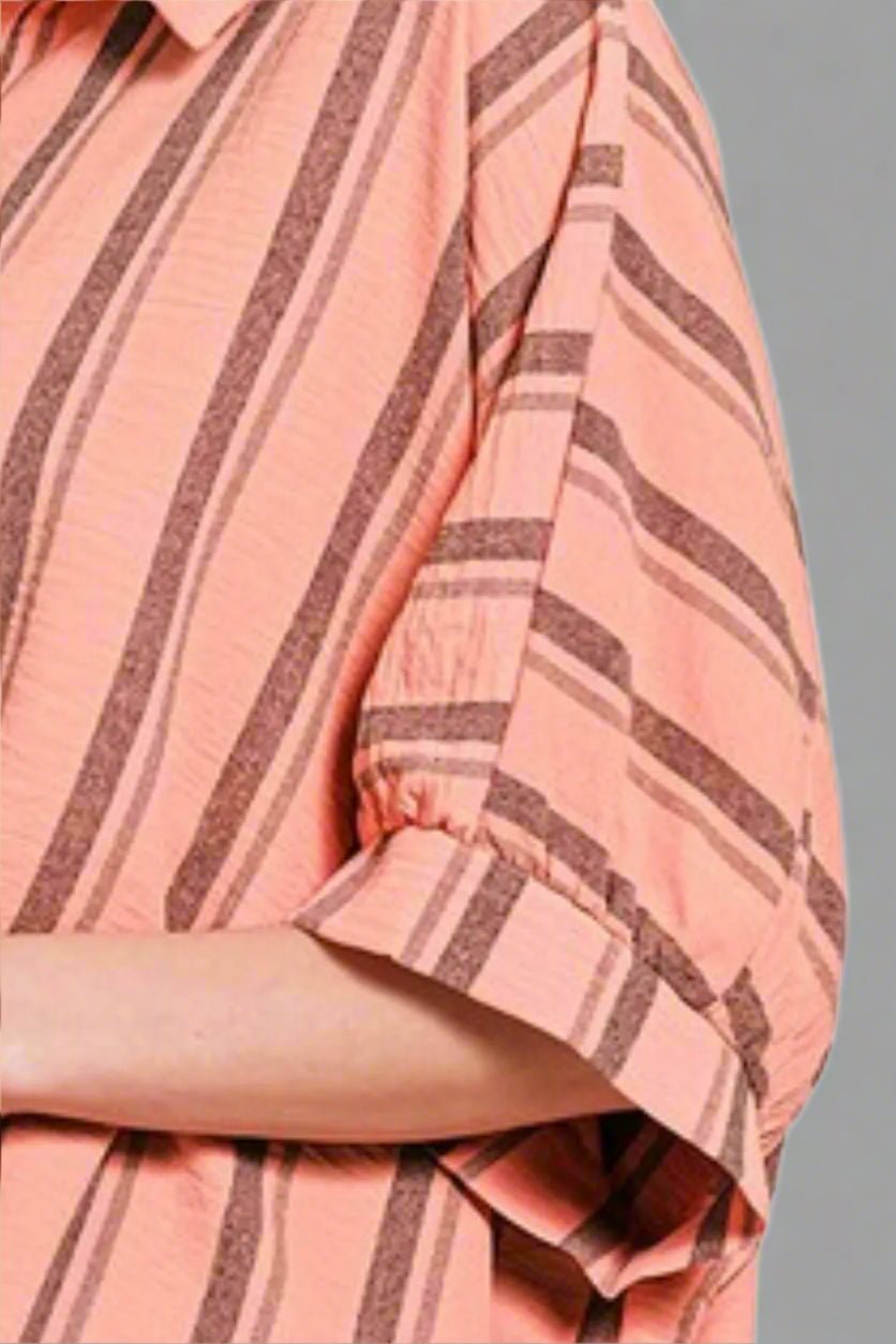 Zenana - Striped Button - Up Shirt – Coral & Mocha