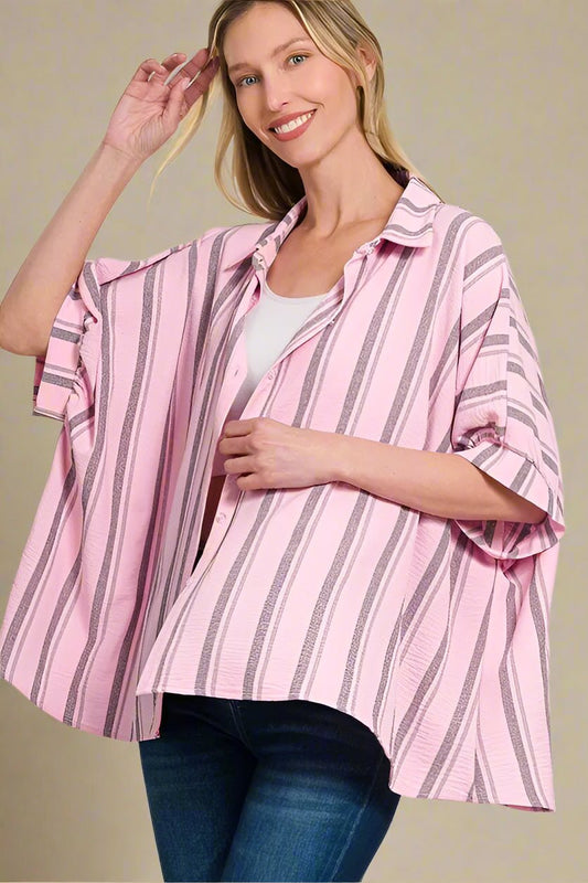 Zenana - Striped Button - Up Shirt – Pink & Charcoal