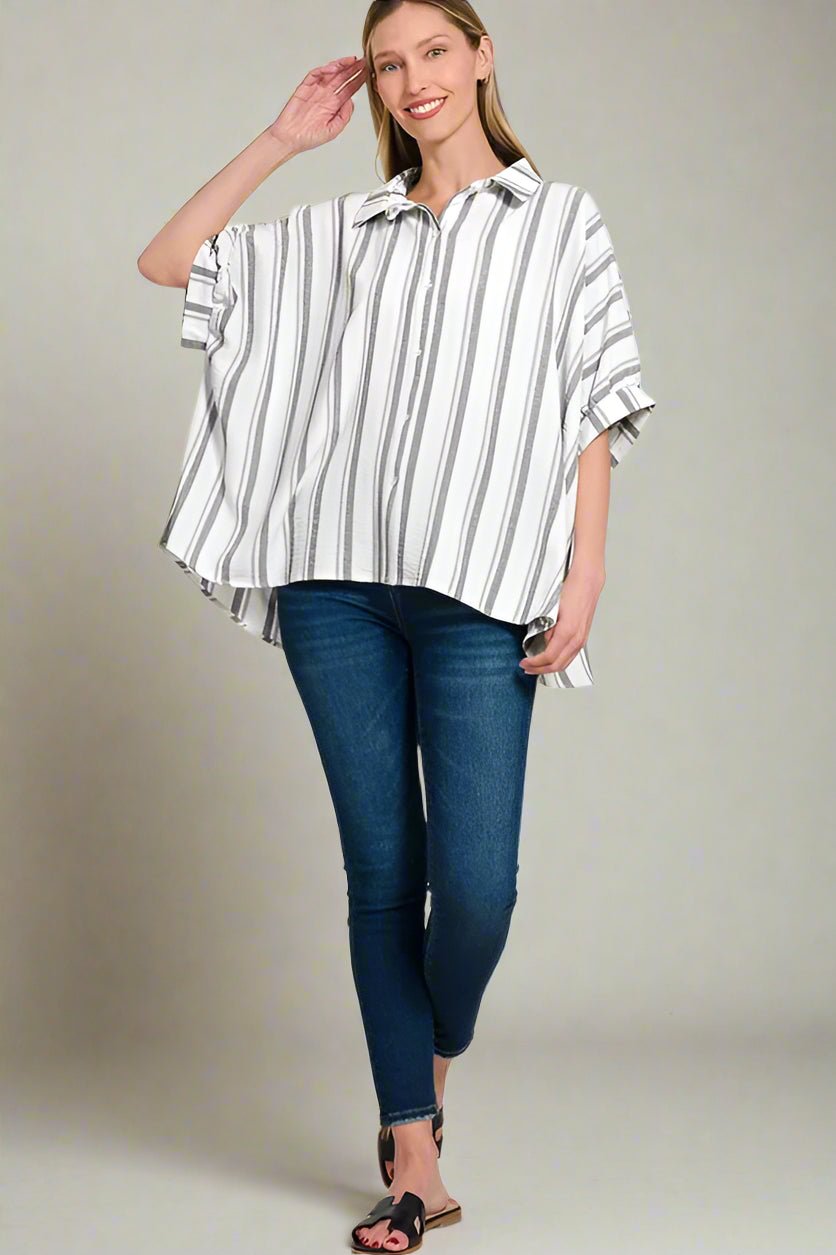 Zenana - Striped Button - Up Shirt – White & Charcoal