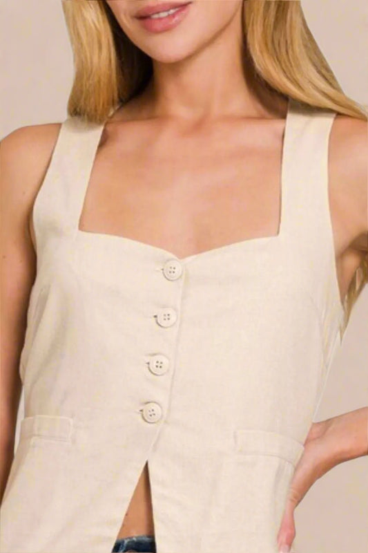 Zenana - Sweetheart Button Front Top – Natural