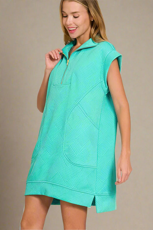 Zenana - Textured Quarter - Zip Sport Mini Dress – Aqua Blue