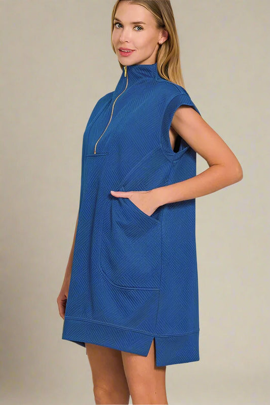 Zenana - Textured Quarter - Zip Sport Mini Dress – Blue