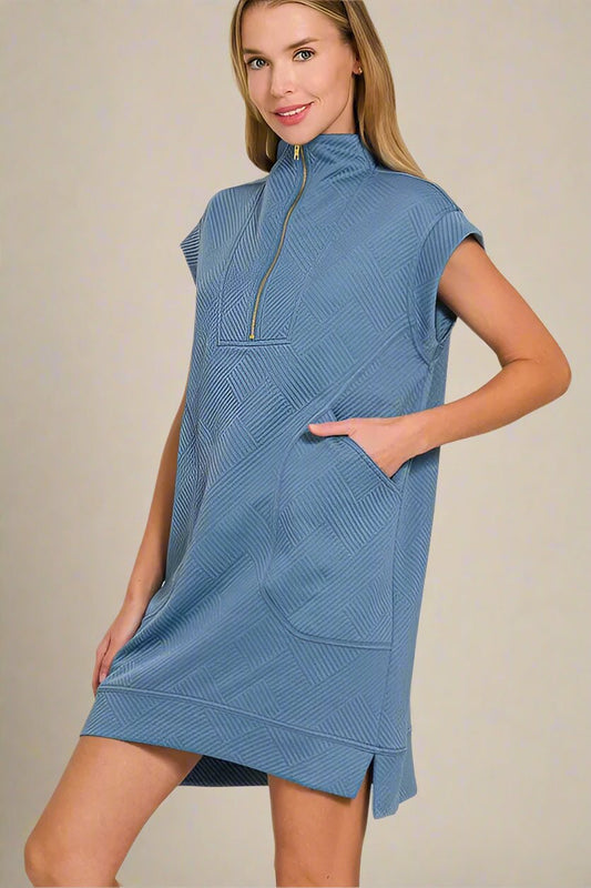 Zenana - Textured Quarter - Zip Sport Mini Dress – Denim Blue