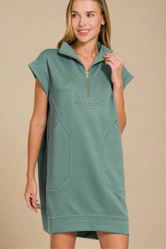 Zenana - Textured Quarter - Zip Sport Mini Dress – Dusty Sage