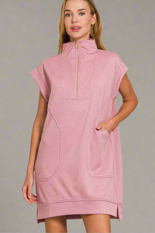 Zenana - Textured Quarter - Zip Sport Mini Dress – Soft Rose