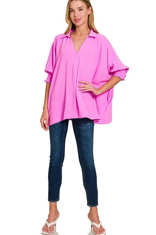 Zenana - Textured Smocked Sleeve Tunic Top – Hot Pink