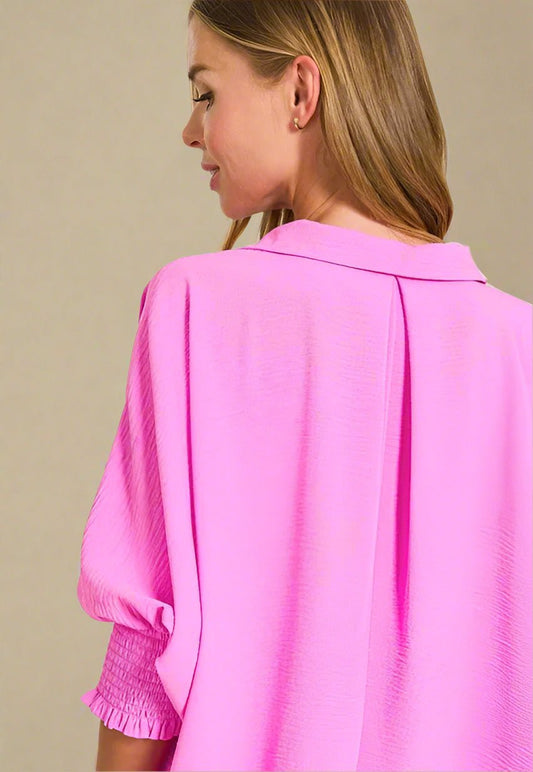Zenana - Textured Smocked Sleeve Tunic Top – Hot Pink