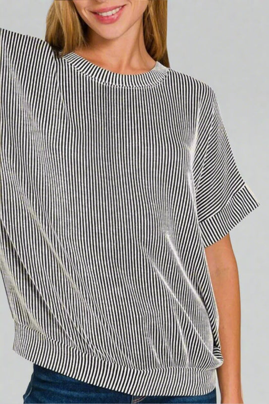 Zenana - Textured Stripe Knit Top – Black