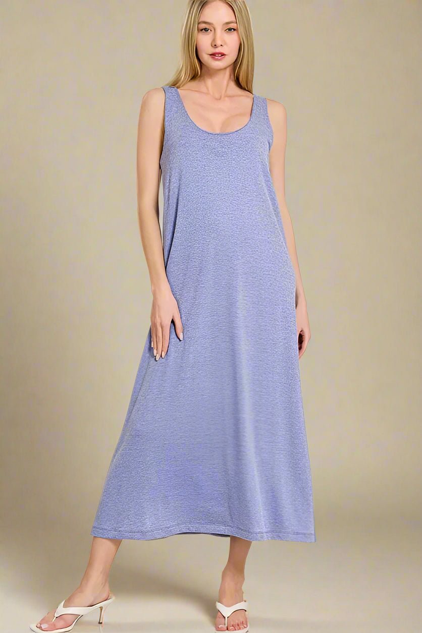 zenana midi dress ZENANA Twist Strap Open Back Midi Dress – Lavender Blue – Beach Rose Co