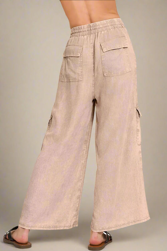 Zenana - Washed Wide Leg Cargo Pants in Sandstone Beige