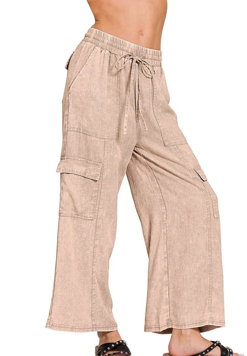 Zenana - Washed Wide Leg Cargo Pants in Sandstone Beige