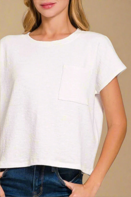Zenana - White Slub Knit Pocket Tee