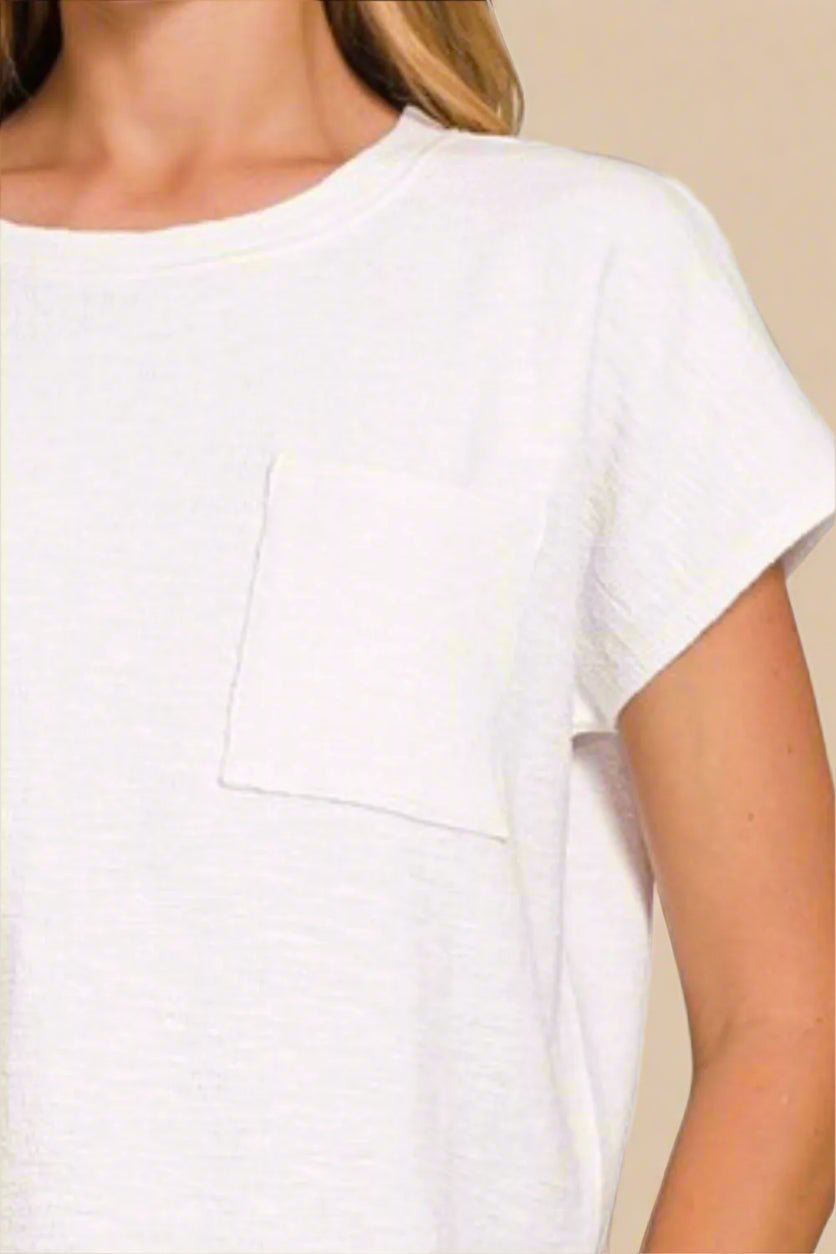Zenana - White Slub Knit Pocket Tee
