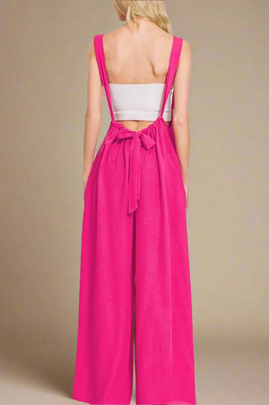 Zenana - Wide Leg Tie Back Overalls in Hot Pink