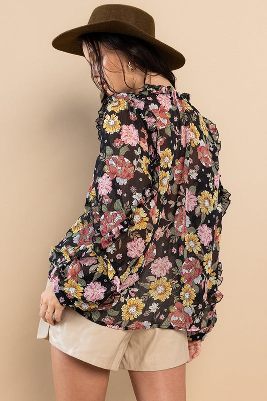 Ruffle Trim Long Sleeve Floral BlouseBlouseCes Femme