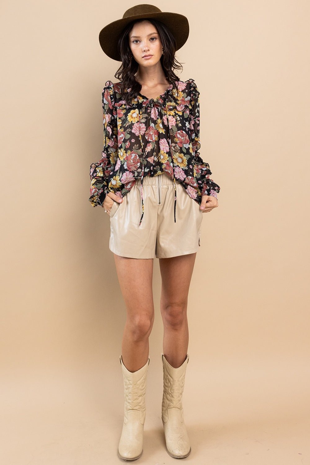 Ruffle Trim Long Sleeve Floral BlouseBlouseCes Femme