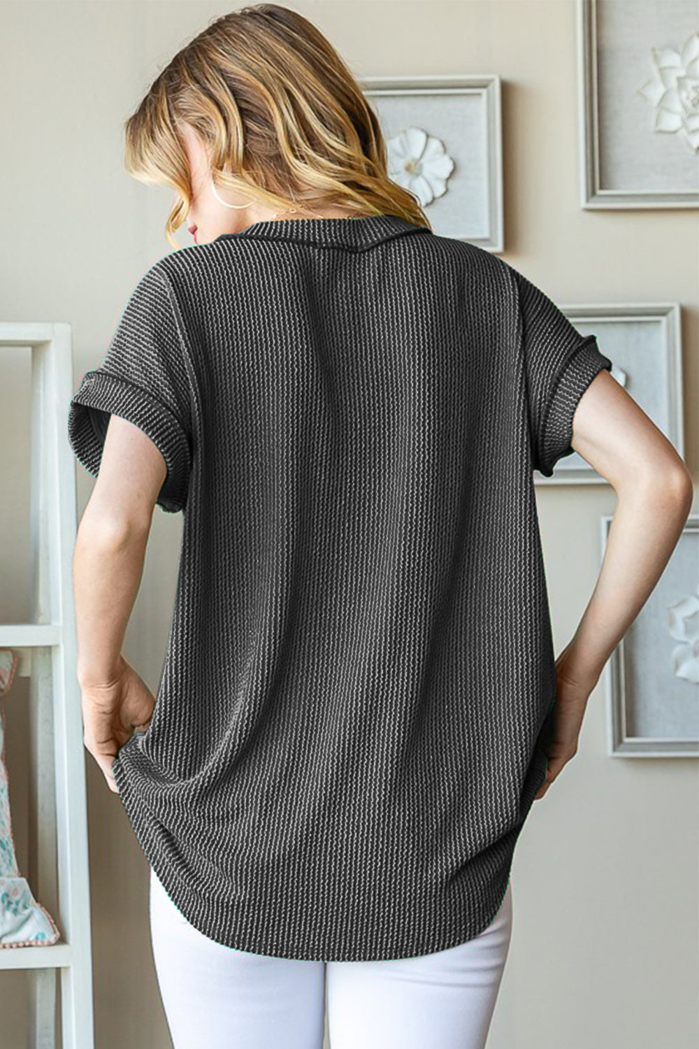 Short Sleeve V-Neck Rib Knit Top in Charcoal