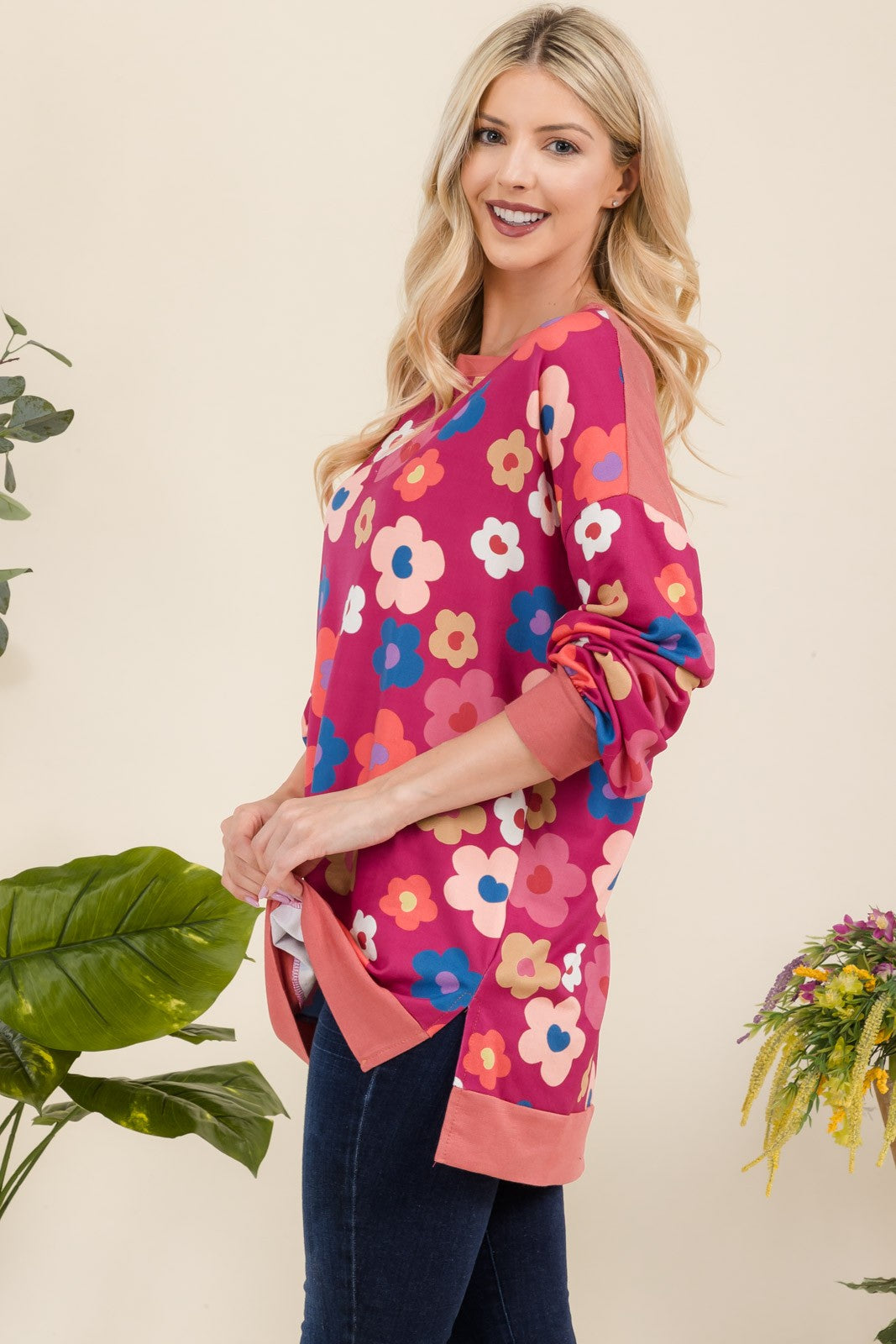 Flower Print Long Sleeve Tunic Top in Fuchsia