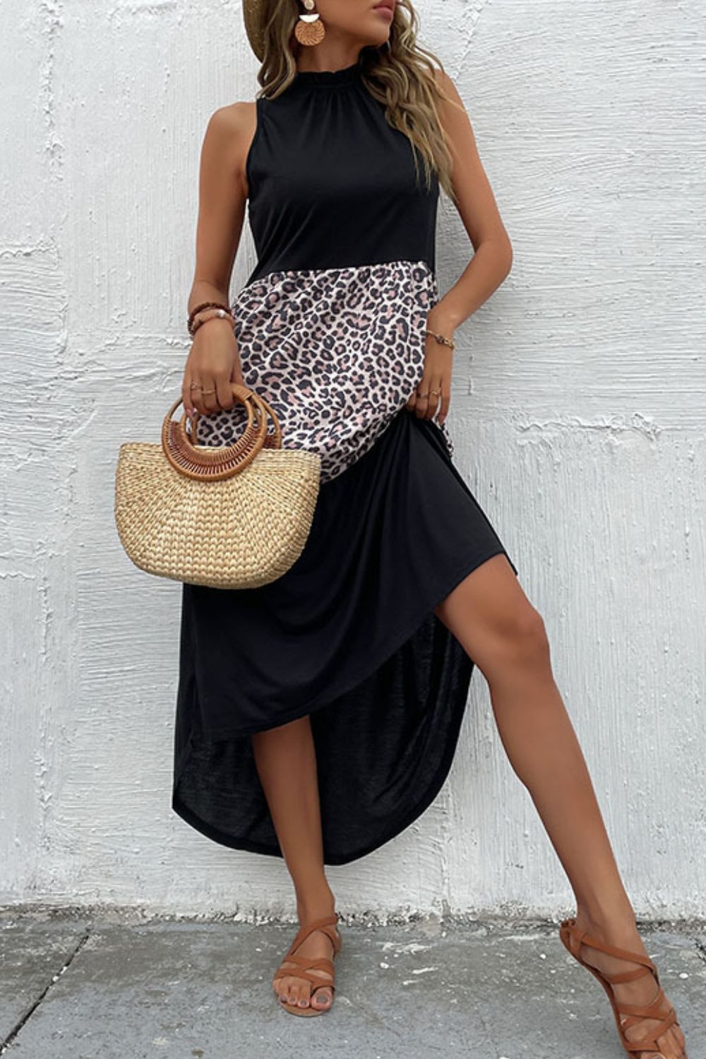 Black Leopard Print Sleeveless Maxi Dress