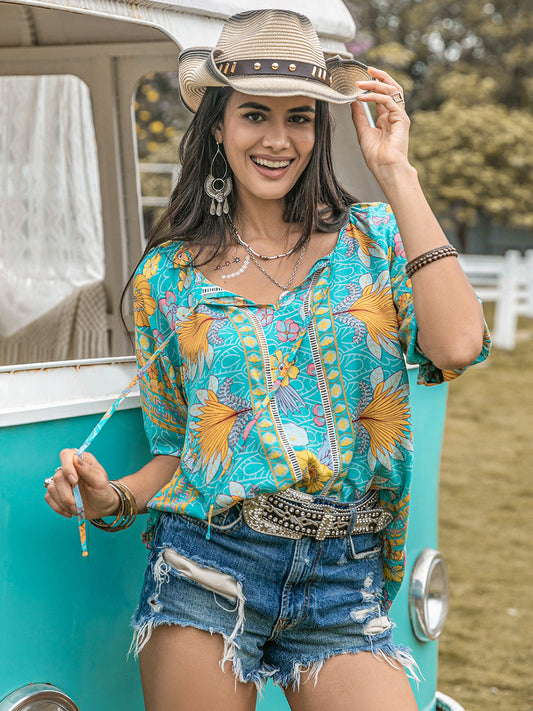 Floral Print Tie Neck Half Sleeve Blouse in Tiffany Blue