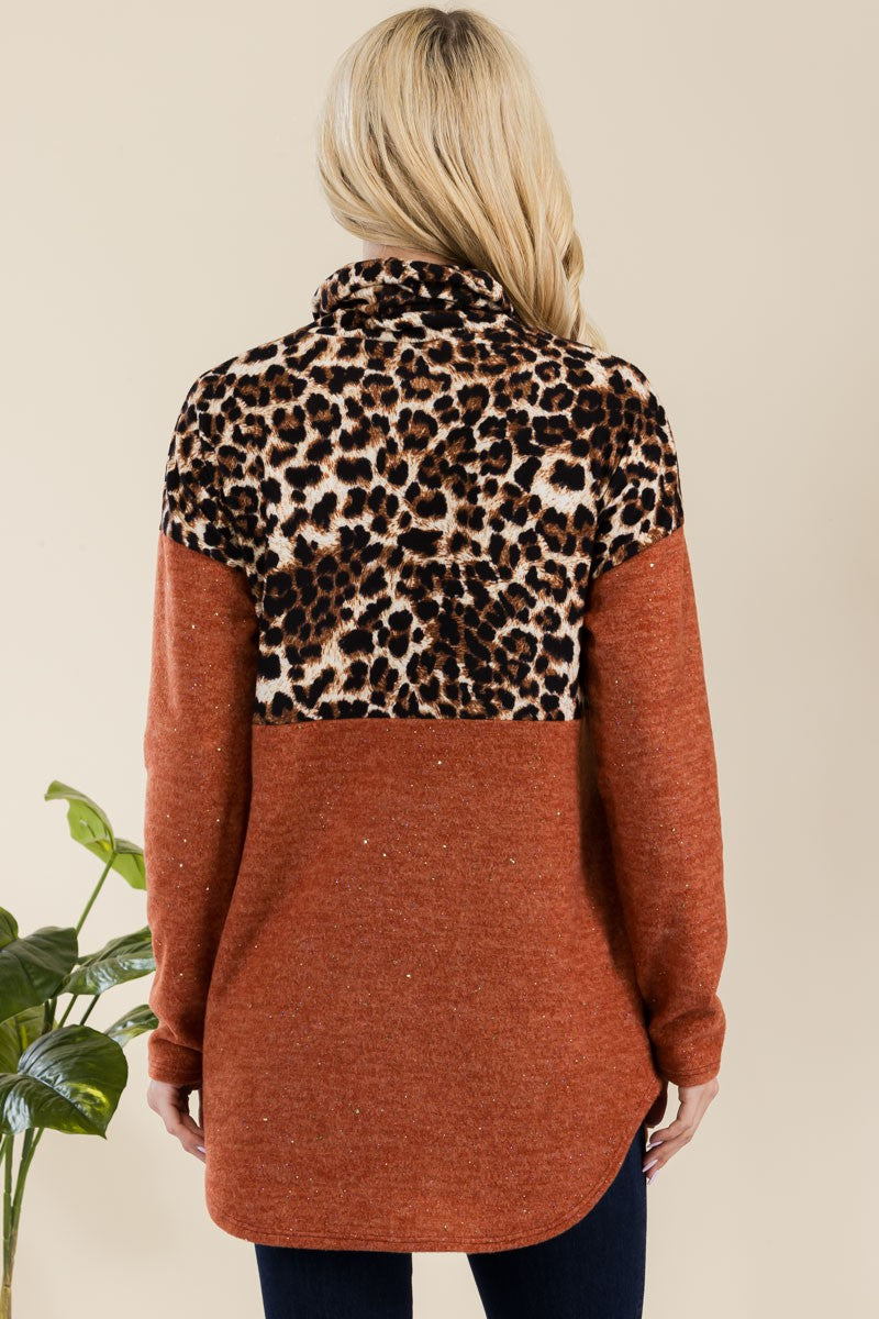 Long Sleeve Turtleneck Blouse in Rust Leopard