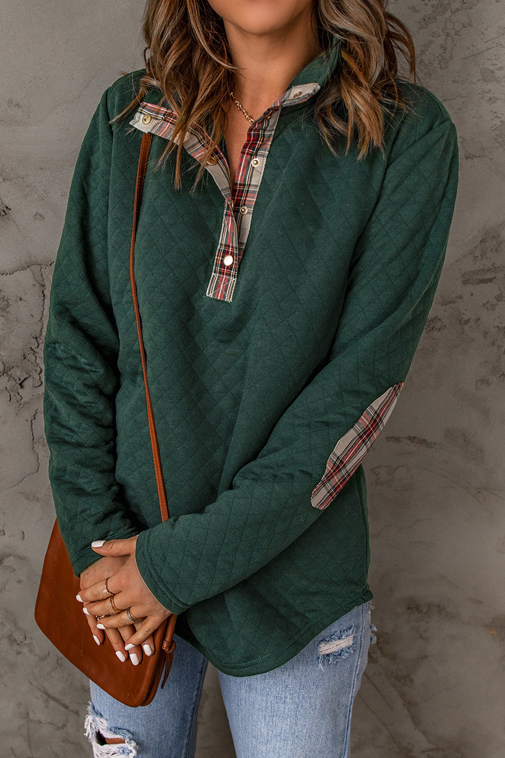 Green Plaid Accent Quilted Sweatshirt