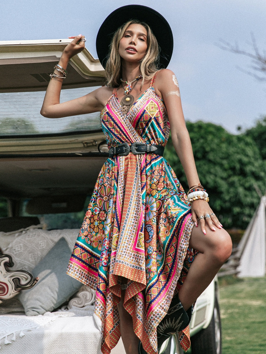 Multicolor Printed Surplice Handkerchief Hem Midi Cami Dress