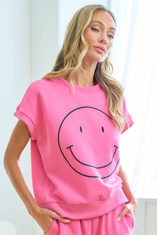 Smiley Face Drop Shoulder T-Shirt in Pink