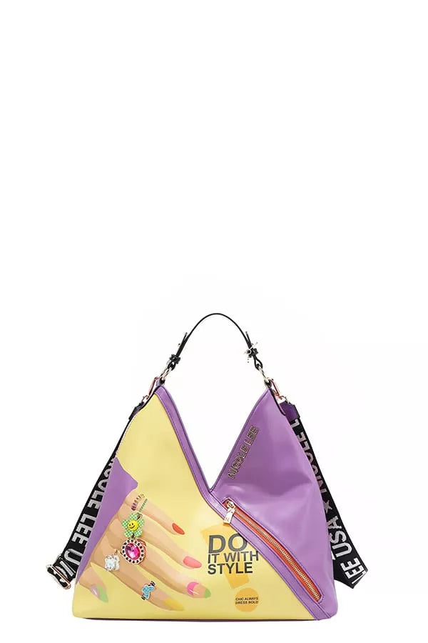 Colorful handbag with a unique design on a white background
