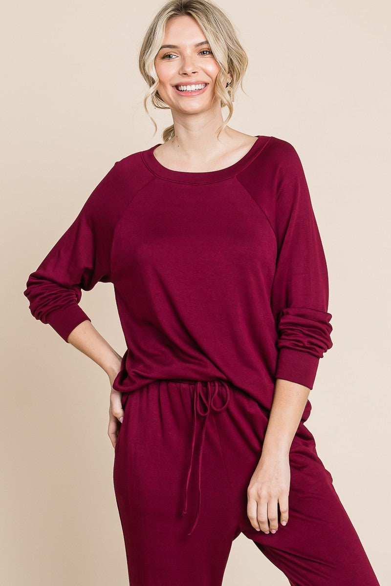 Raglan Sleeve Top & Pants Lounge Set in Burgundy