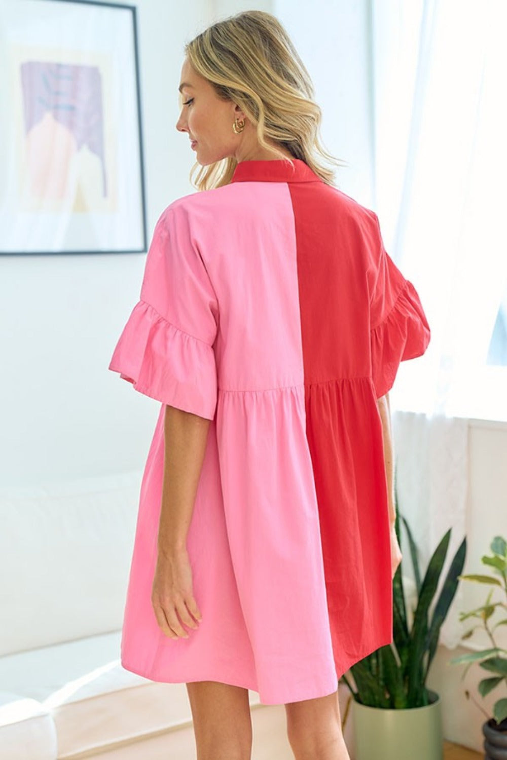 Color Blocked Button Down Mini Shirt Dress in Red Pink