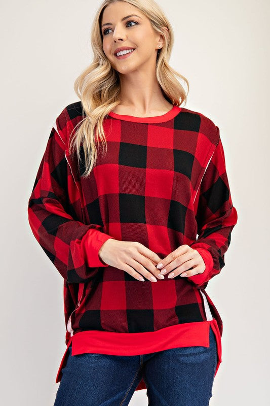 Deep Red Buffalo Plaid High-Low Hem Sweatshirt