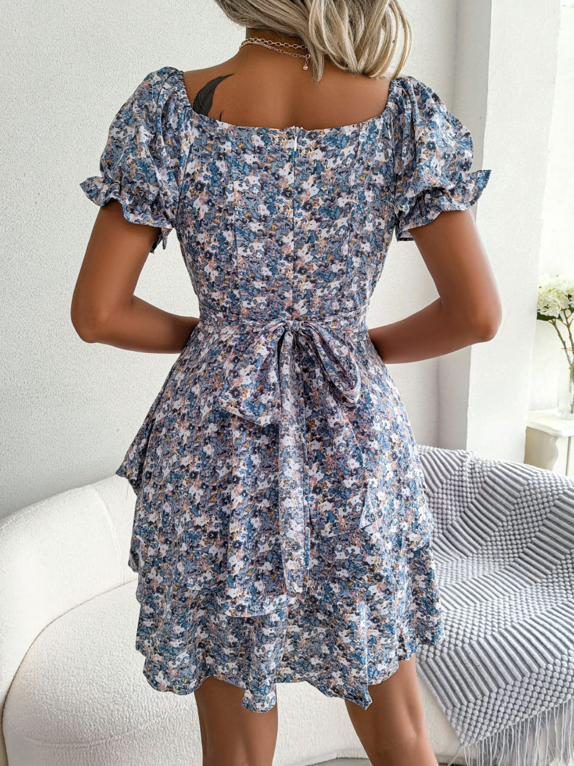 Floral Sweetheart Neck Puff Sleeve Mini Dress