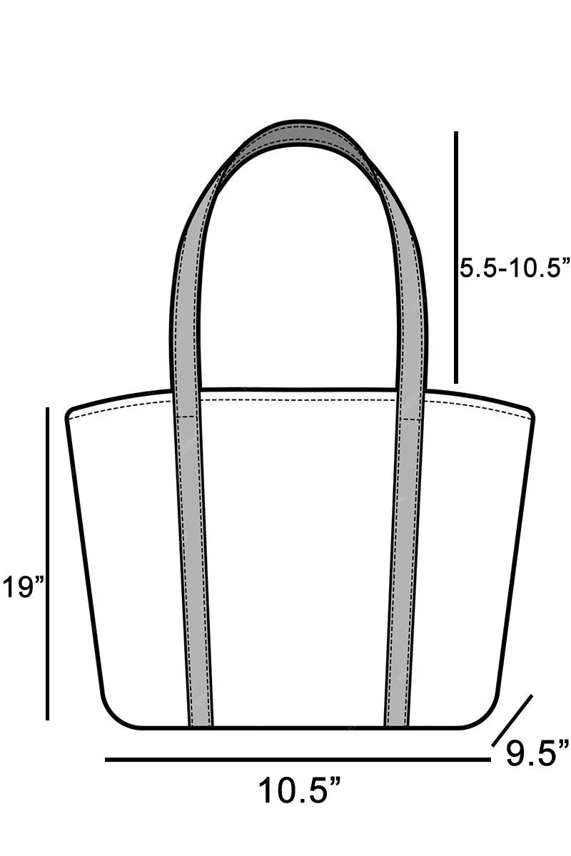 Measurement chart of a tote bag with dimensions labeled.