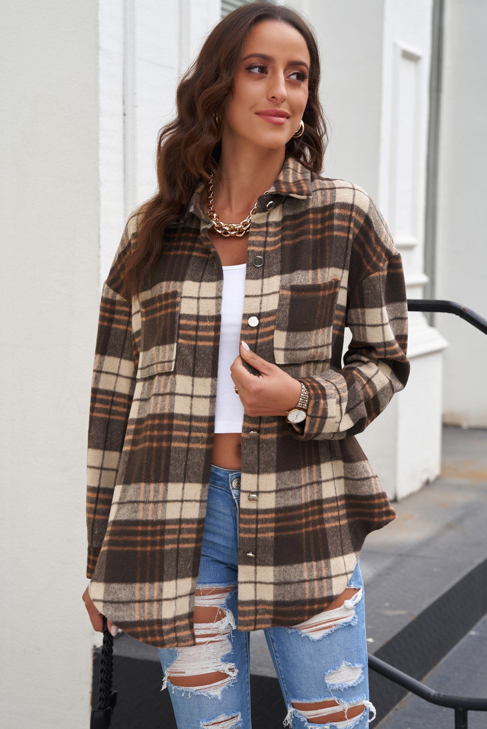 Plaid Curved Hem Longline Shacket