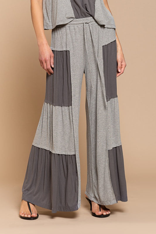 Rib Knit Contrast Wide Leg Pants in Grey