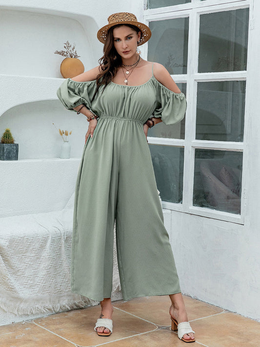 Plus Size Cold Shoulder Wide Leg Jumpsuit in Sage