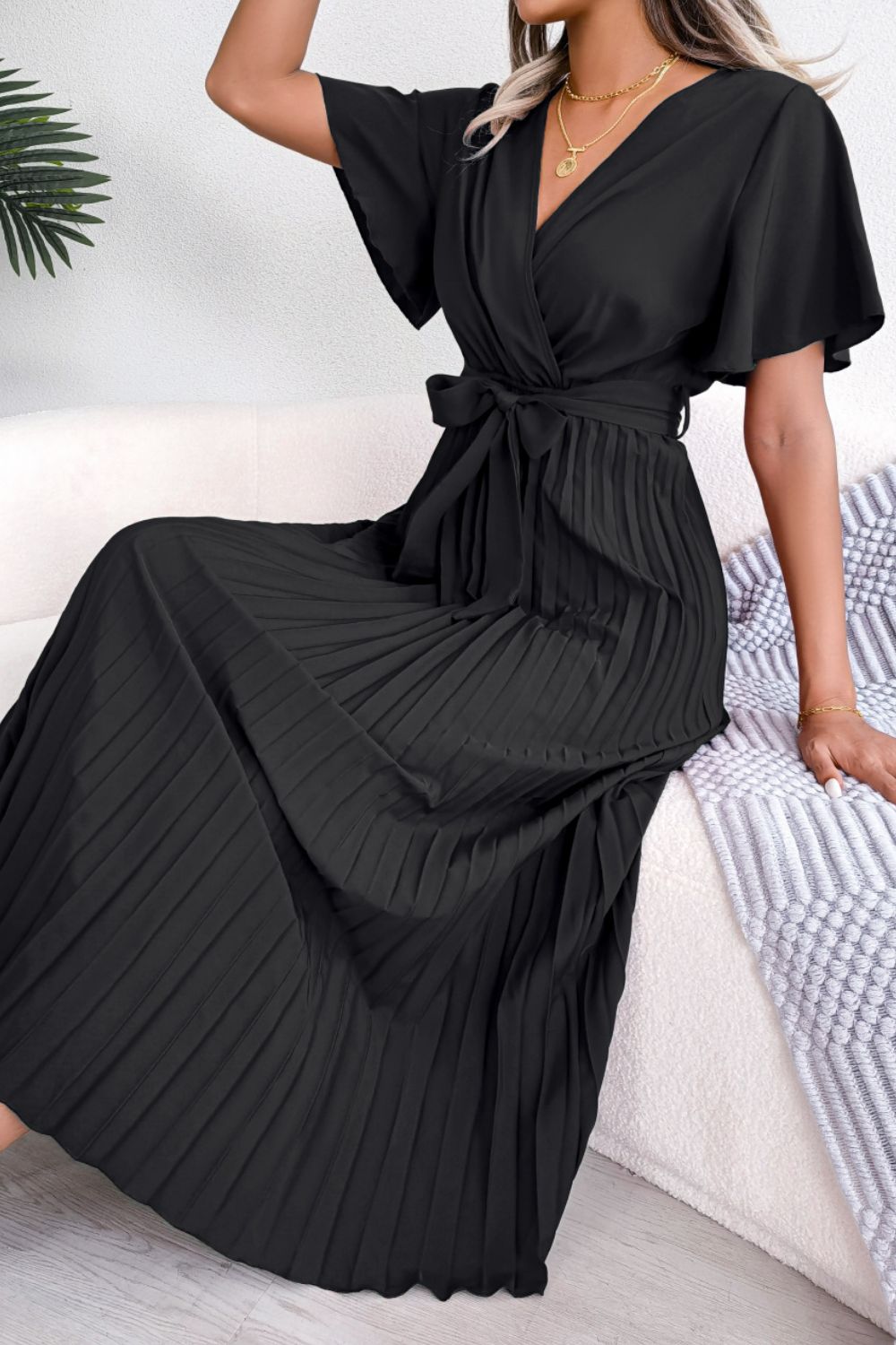 Pleated Flutter Sleeve Tie Waist Midi Dress