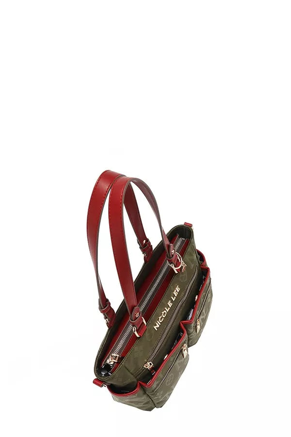Brown handbag with red straps on a white background