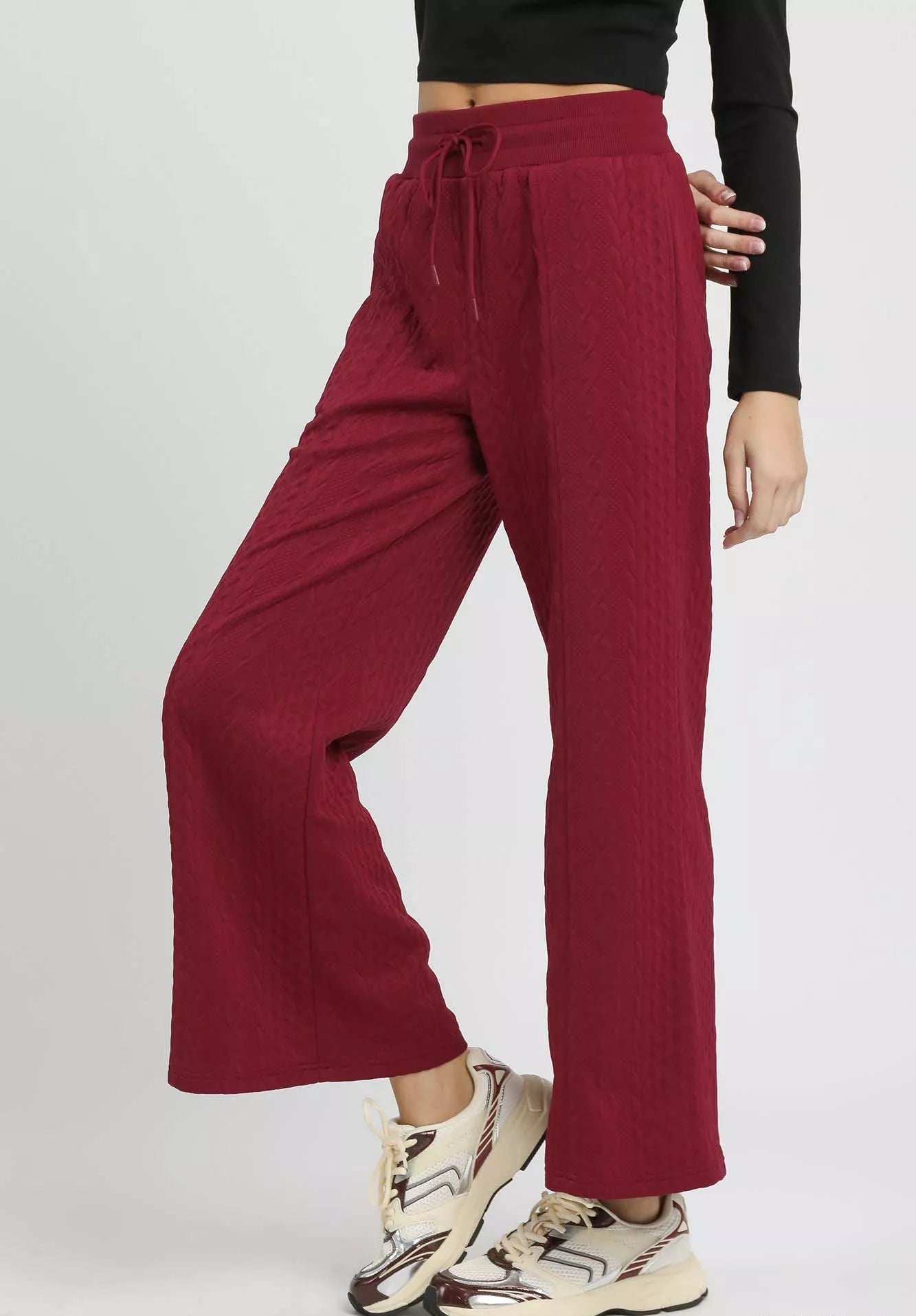 Burgundy wide-leg pants worn by a person on a white background