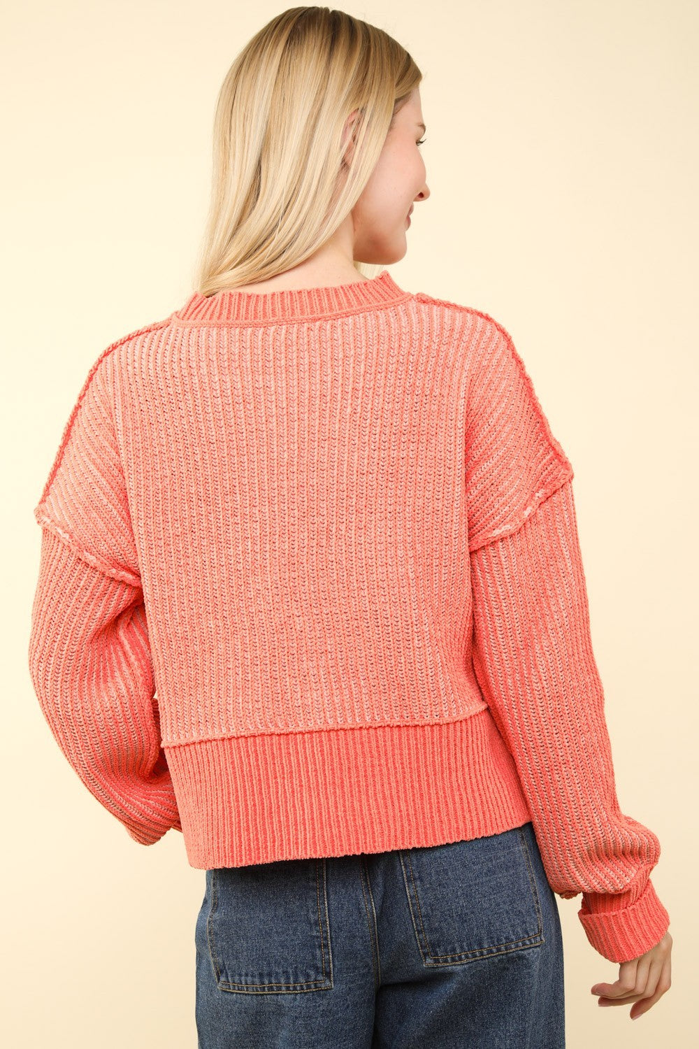 Exposed Seams Cropped Striped Sweater in Coral