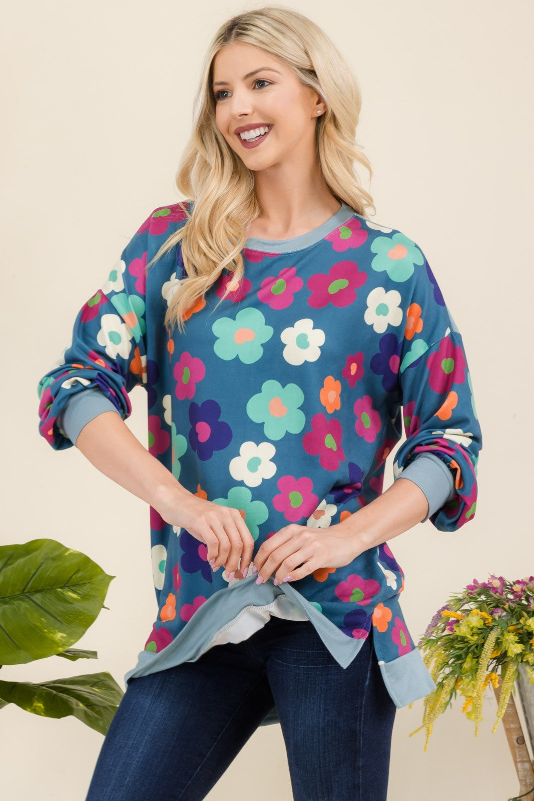 Flower Print Long Sleeve Tunic Top in Teal